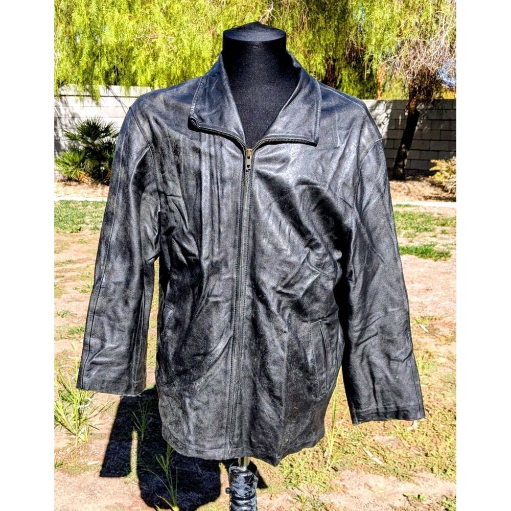 Vintage Black Men's Medium Zhou Zi Zip-Up Leather Racer Bomber Jacket Coat GUC